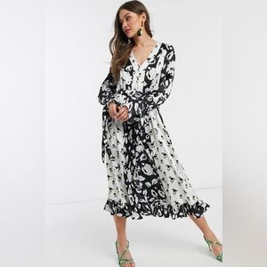 ASOS black and white print midi dress, with cinch tie waist. Size 8